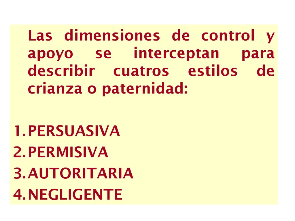 Las dimensiones de control y apoyo se interceptan para describir cuatros estilos de crianza o paternidad: