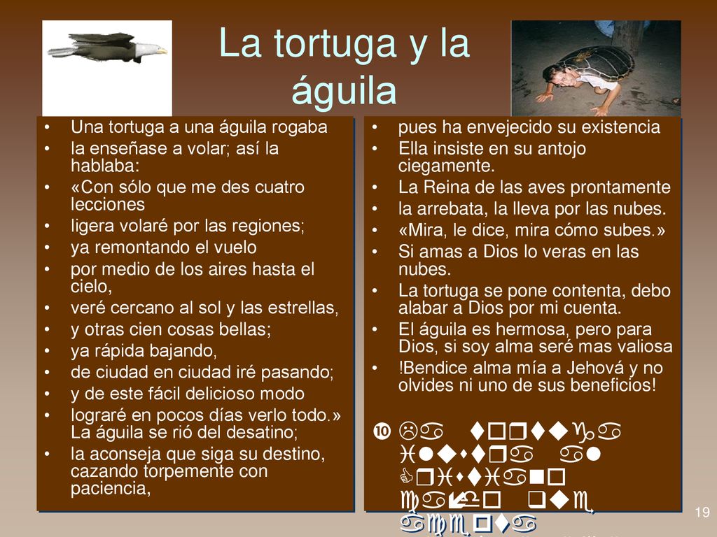 La tortuga y la águila Una tortuga a una águila rogaba. la enseñase a volar; así la hablaba: «Con sólo que me des cuatro lecciones.