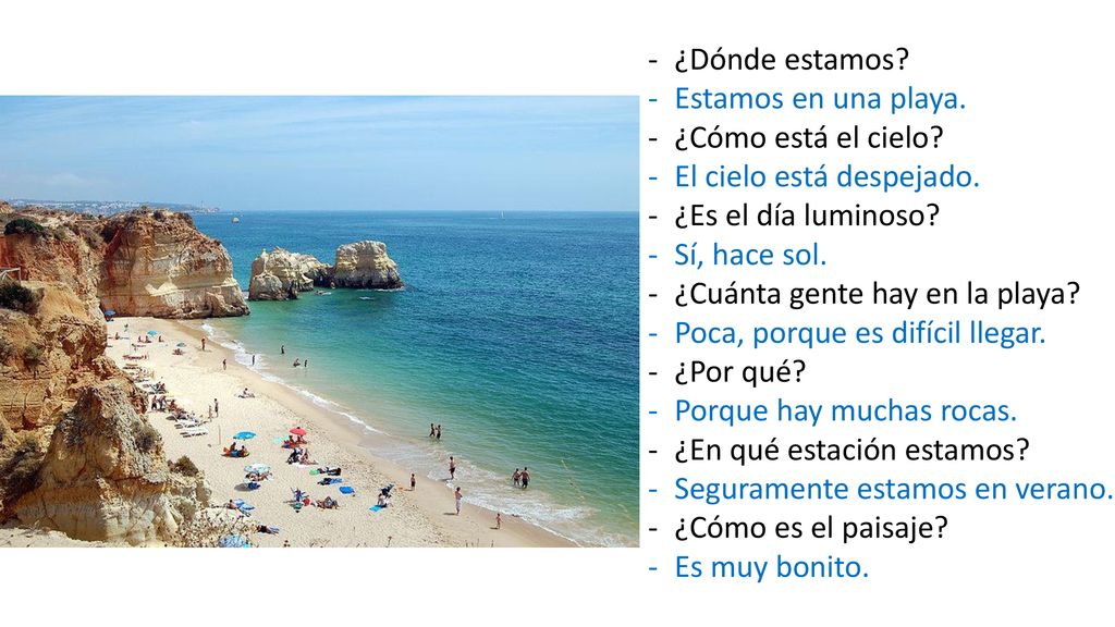 ¿Dónde estamos Estamos en una playa. ¿Cómo está el cielo El cielo está despejado. ¿Es el día luminoso