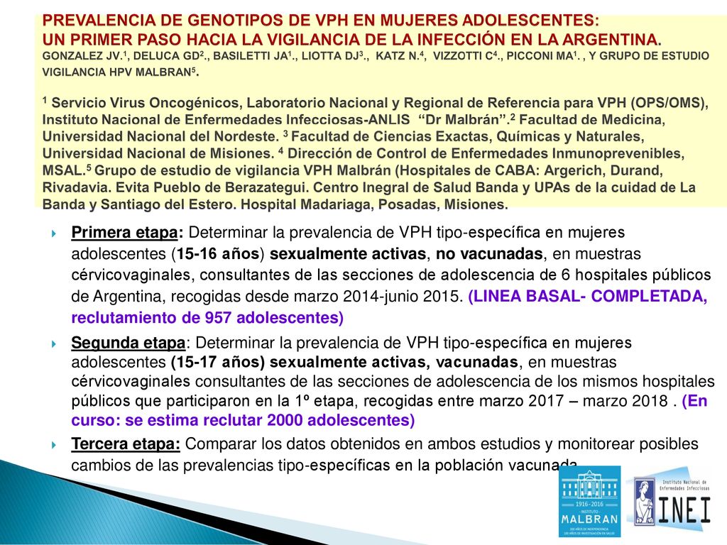 Prevalencia de genotipos de vph en mujeres adolescentes: un primer paso hacia la vigilancia de la infección en la Argentina. gONZALEZ JV.1, DELUCA GD2., BASILETTI JA1., LIOTTA DJ3., KATZ N.4, VIZZOTTI C4., PICCONI MA1. , Y Grupo de estudio vigilancia HPV Malbran5. 1 Servicio Virus Oncogénicos, Laboratorio Nacional y Regional de Referencia para VPH (OPS/OMS), Instituto Nacional de Enfermedades Infecciosas-ANLIS Dr Malbrán .2 Facultad de Medicina, Universidad Nacional del Nordeste. 3 Facultad de Ciencias Exactas, Químicas y Naturales, Universidad Nacional de Misiones. 4 Dirección de Control de Enfermedades Inmunoprevenibles, MSAL.5 Grupo de estudio de vigilancia VPH Malbrán (Hospitales de CABA: Argerich, Durand, Rivadavia. Evita Pueblo de Berazategui. Centro Inegral de Salud Banda y UPAs de la cuidad de La Banda y Santiago del Estero. Hospital Madariaga, Posadas, Misiones.