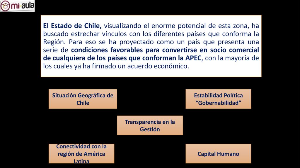 El Estado de Chile, visualizando el enorme potencial de esta zona, ha buscado estrechar vínculos con los diferentes países que conforma la Región. Para eso se ha proyectado como un país que presenta una serie de condiciones favorables para convertirse en socio comercial de cualquiera de los países que conforman la APEC, con la mayoría de los cuales ya ha firmado un acuerdo económico.