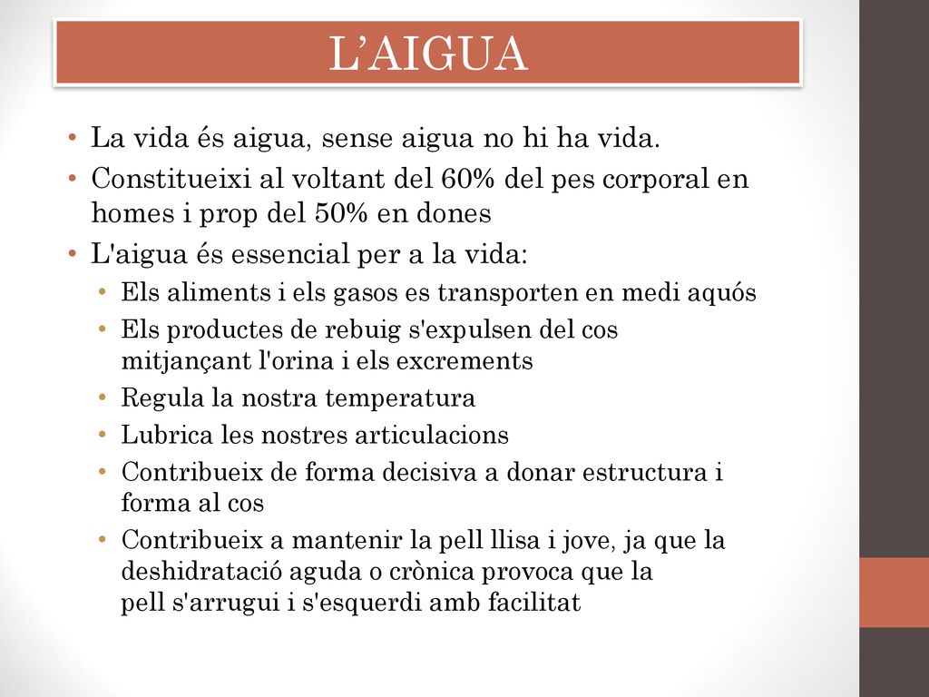 L’AIGUA La vida és aigua, sense aigua no hi ha vida.