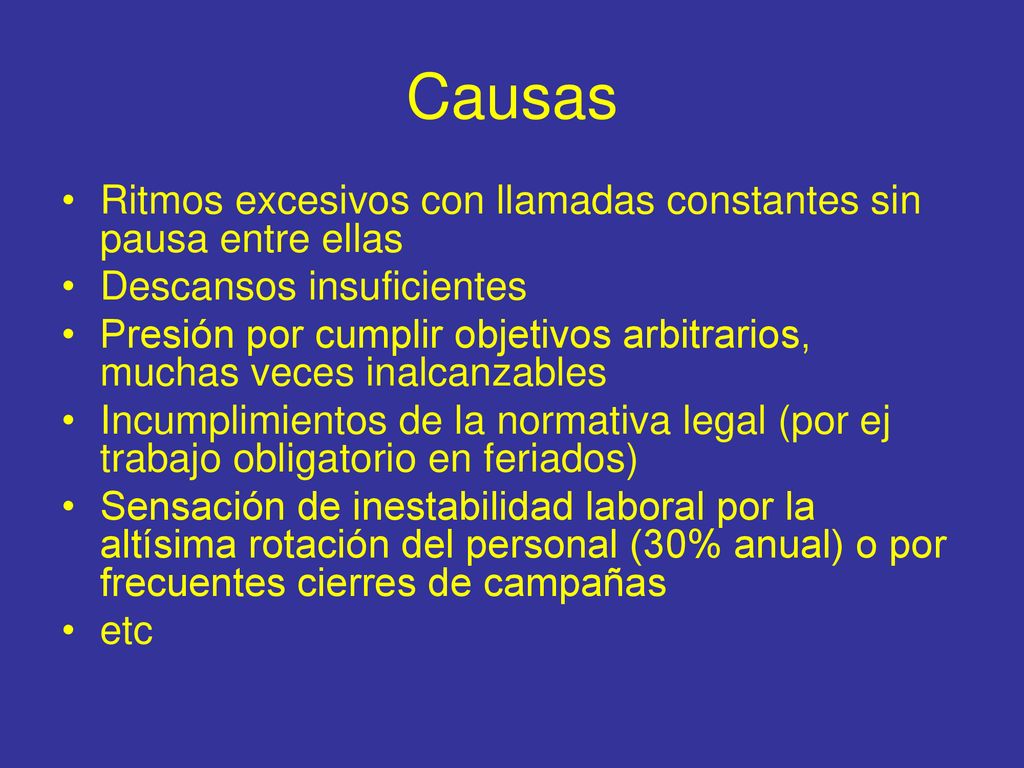 Causas Ritmos excesivos con llamadas constantes sin pausa entre ellas