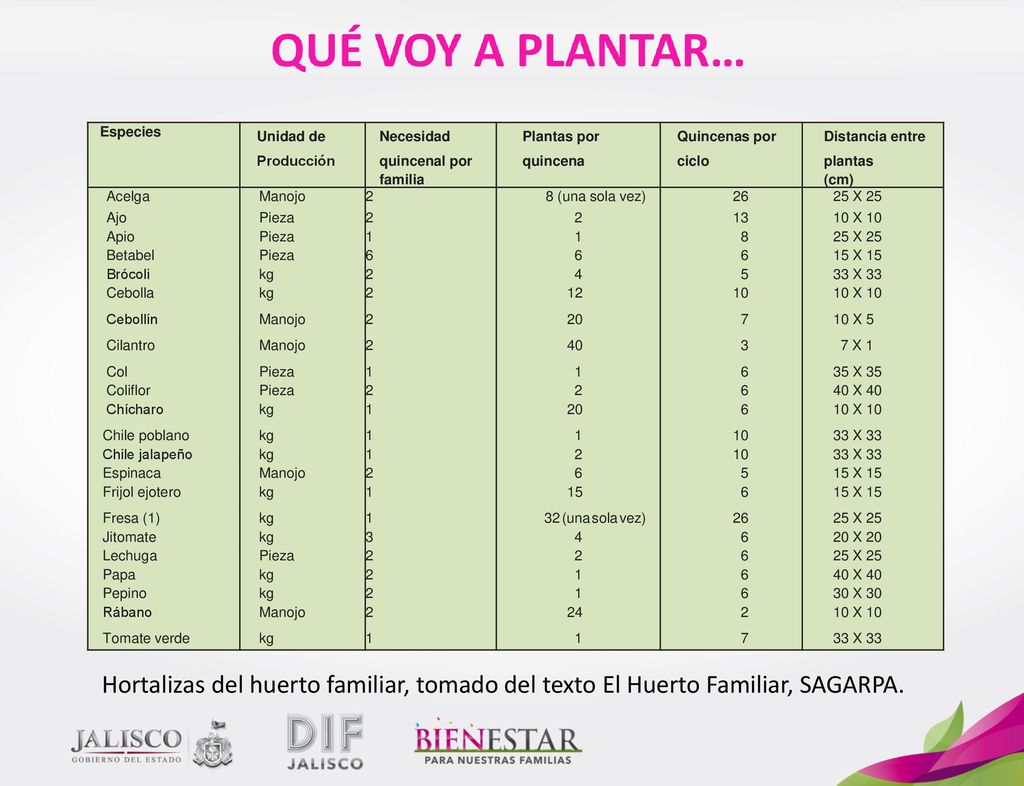 Especies Unidad de Producción. Necesidad quincenal por. familia. Plantas por quincena. Quincenas por ciclo.