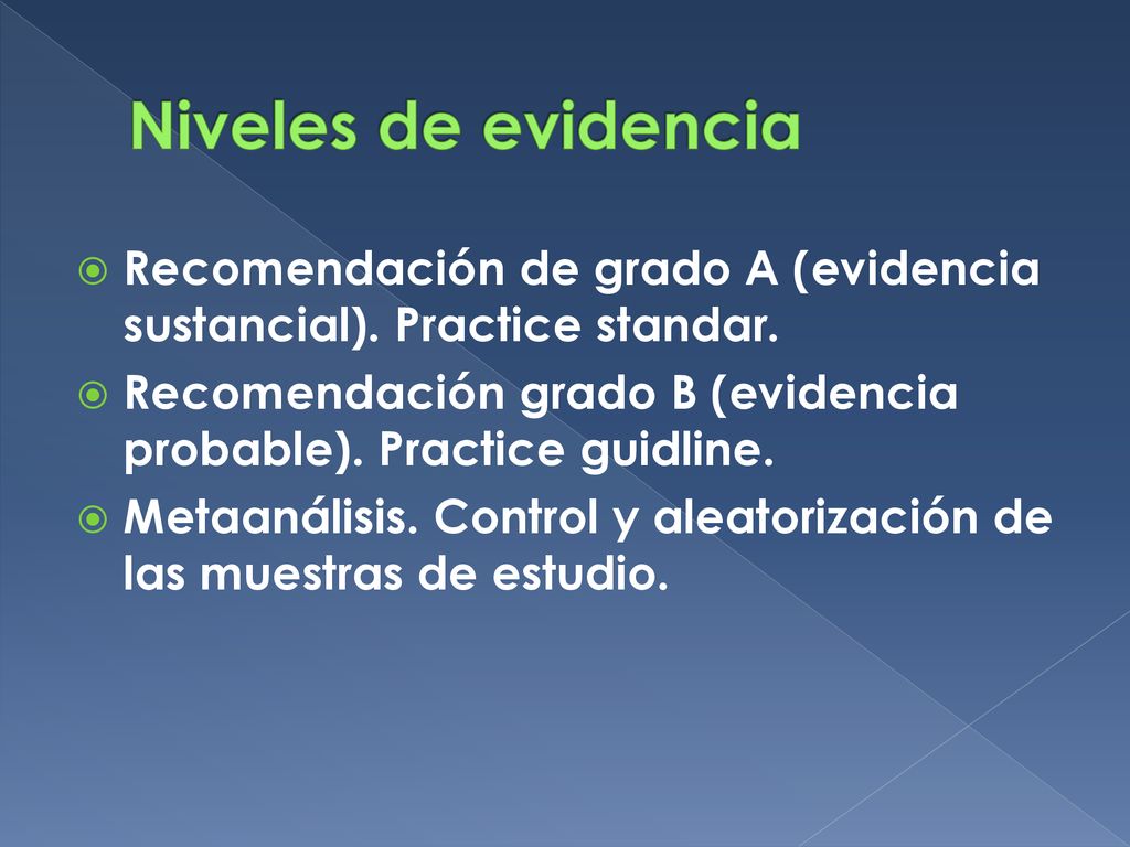 Niveles de evidencia Recomendación de grado A (evidencia sustancial). Practice standar.