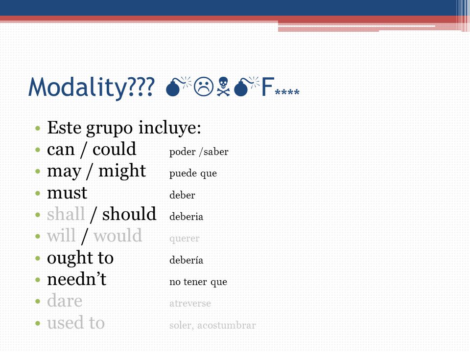 Modality F**** Este grupo incluye: can / could poder /saber