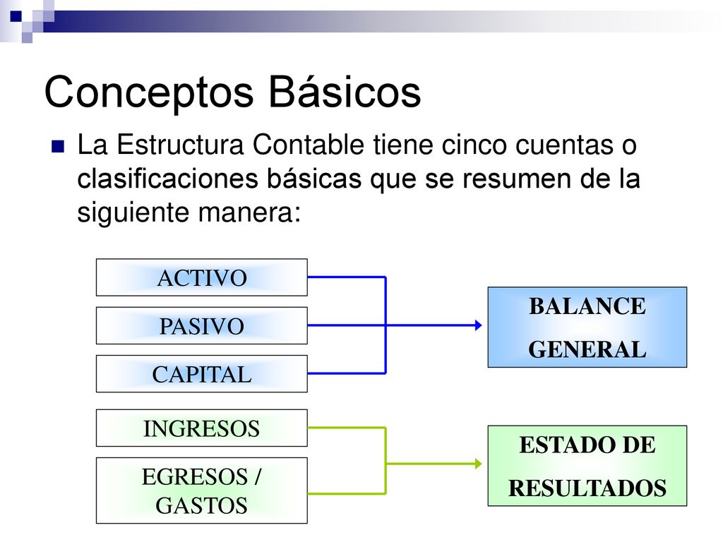 Conceptos Básicos La Estructura Contable tiene cinco cuentas o clasificaciones básicas que se resumen de la siguiente manera: