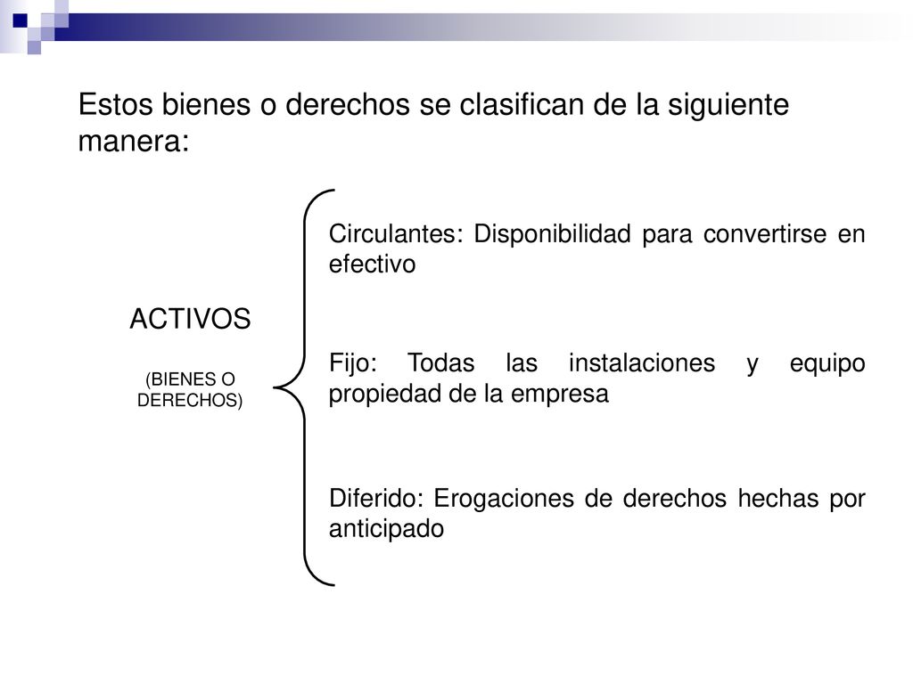 Estos bienes o derechos se clasifican de la siguiente manera: