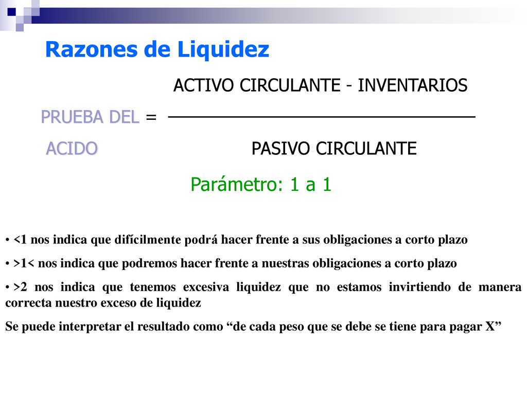 Razones de Liquidez Parámetro: 1 a 1 ACTIVO CIRCULANTE - INVENTARIOS