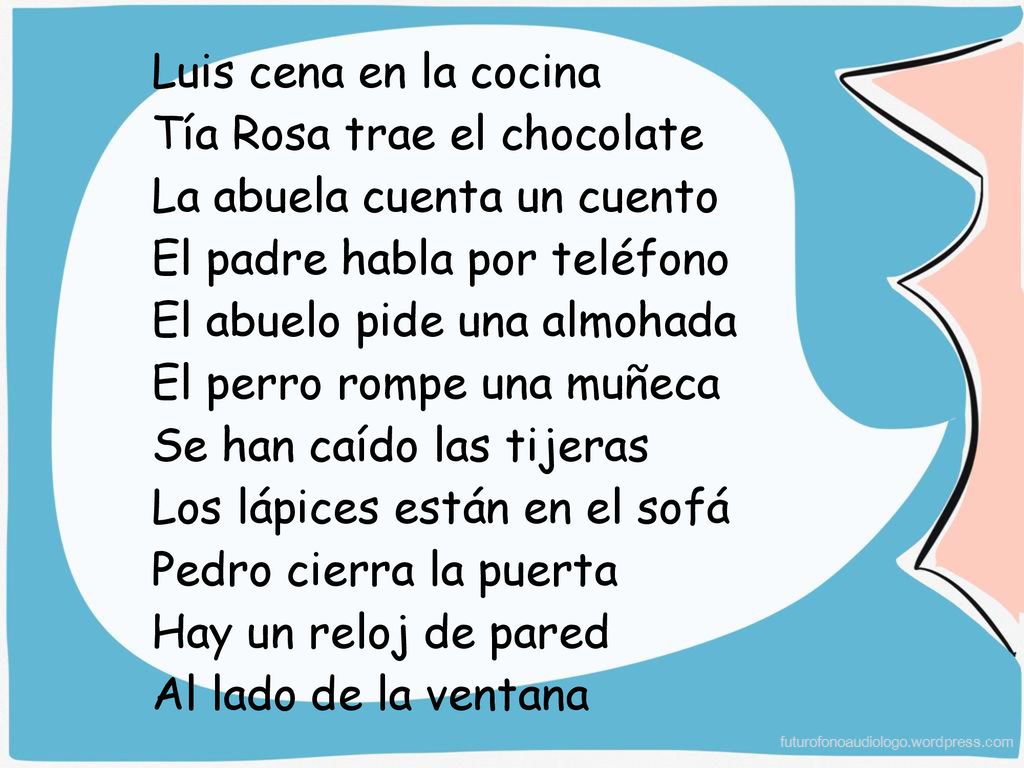 Luis cena en la cocina Tía Rosa trae el chocolate. La abuela cuenta un cuento. El padre habla por teléfono.