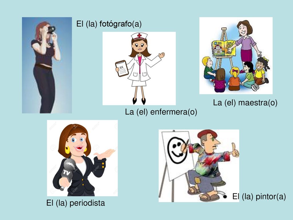 El (la) fotógrafo(a) La (el) maestra(o) La (el) enfermera(o) El (la) pintor(a) El (la) periodista