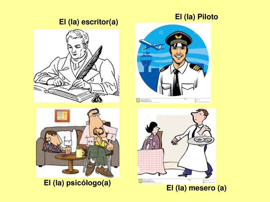 El (la) Piloto El (la) escritor(a) El (la) psicólogo(a) El (la) mesero (a)
