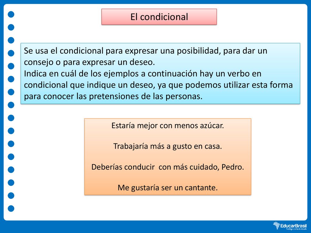 El condicional Se usa el condicional para expresar una posibilidad, para dar un consejo o para expresar un deseo.