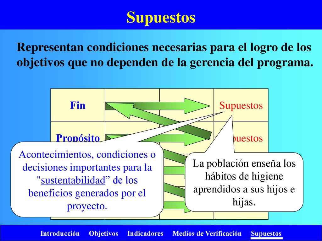 Supuestos Representan condiciones necesarias para el logro de los objetivos que no dependen de la gerencia del programa.