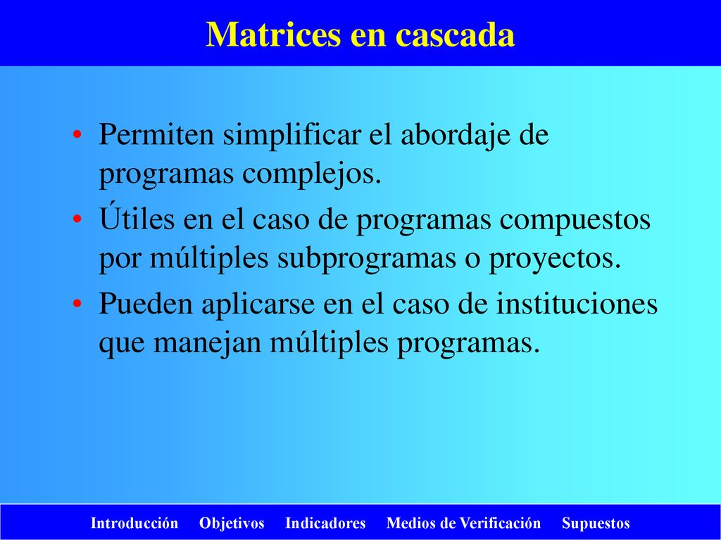 Matrices en cascada Permiten simplificar el abordaje de programas complejos.