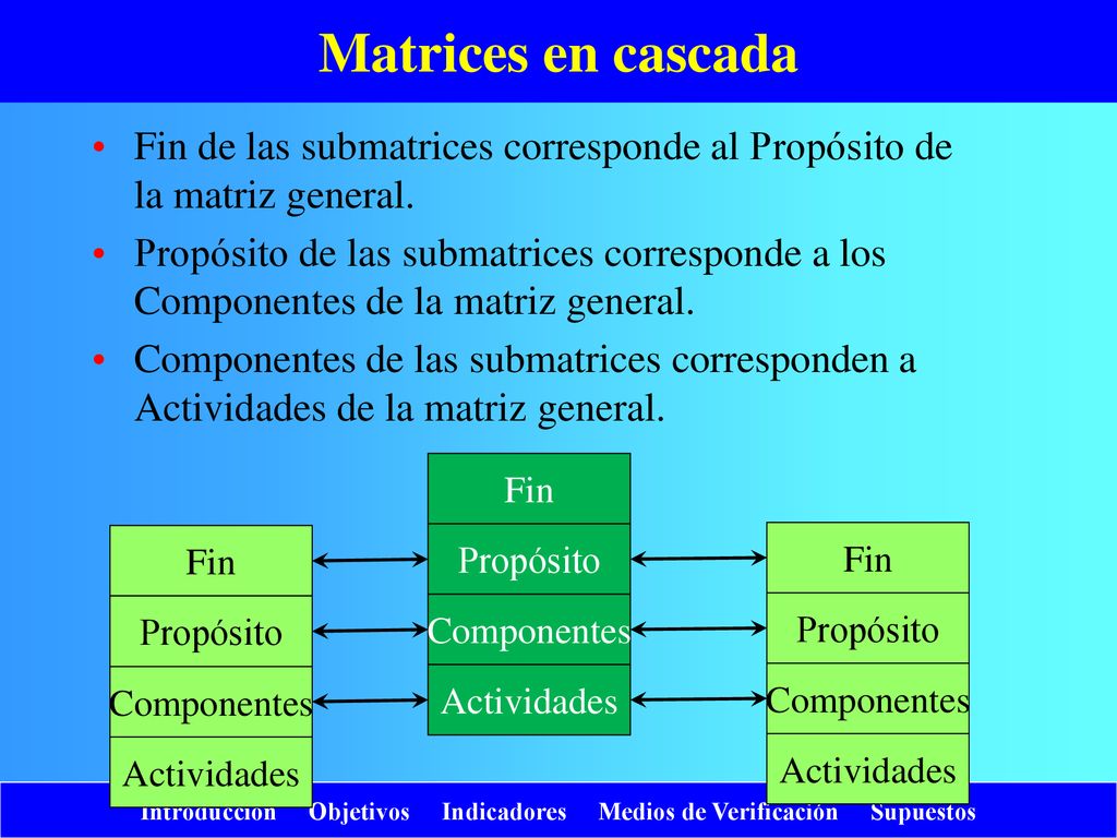 Matrices en cascada Fin de las submatrices corresponde al Propósito de la matriz general.