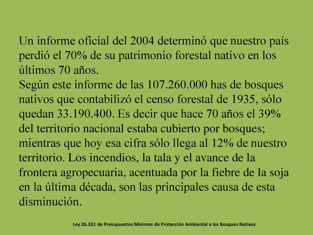 Un informe oficial del 2004 determinó que nuestro país perdió el 70% de su patrimonio forestal nativo en los últimos 70 años. Según este informe de las has de bosques nativos que contabilizó el censo forestal de 1935, sólo quedan Es decir que hace 70 años el 39% del territorio nacional estaba cubierto por bosques; mientras que hoy esa cifra sólo llega al 12% de nuestro territorio. Los incendios, la tala y el avance de la frontera agropecuaria, acentuada por la fiebre de la soja en la última década, son las principales causa de esta disminución.