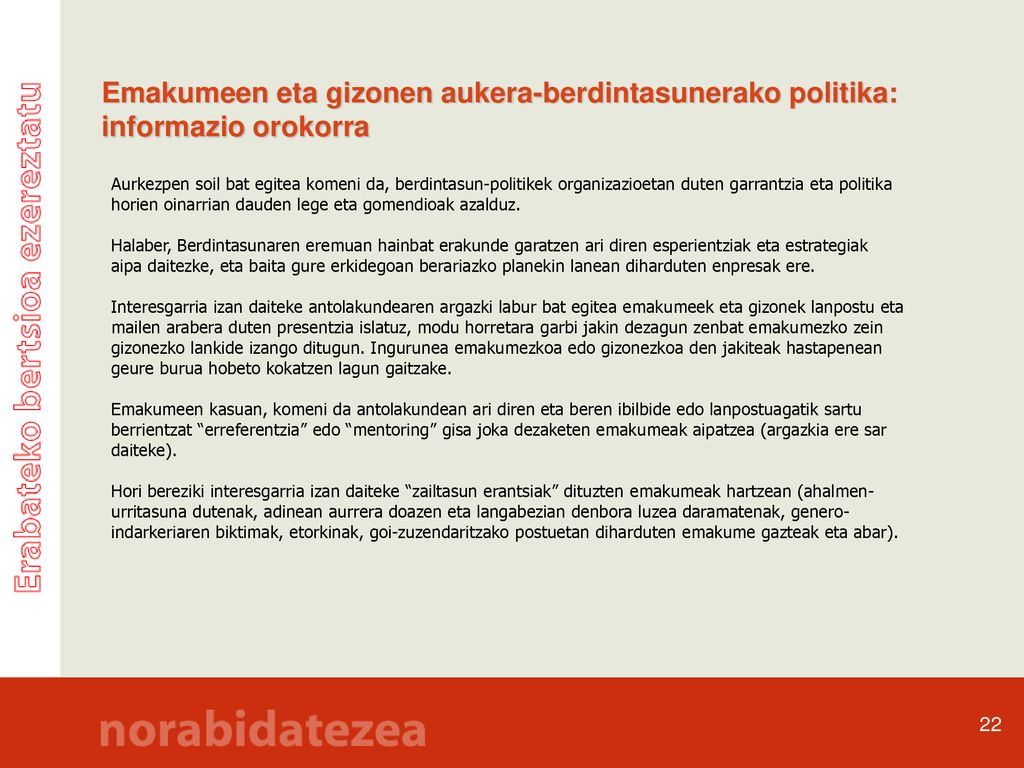 Emakumeen eta gizonen aukera-berdintasunerako politika: informazio orokorra