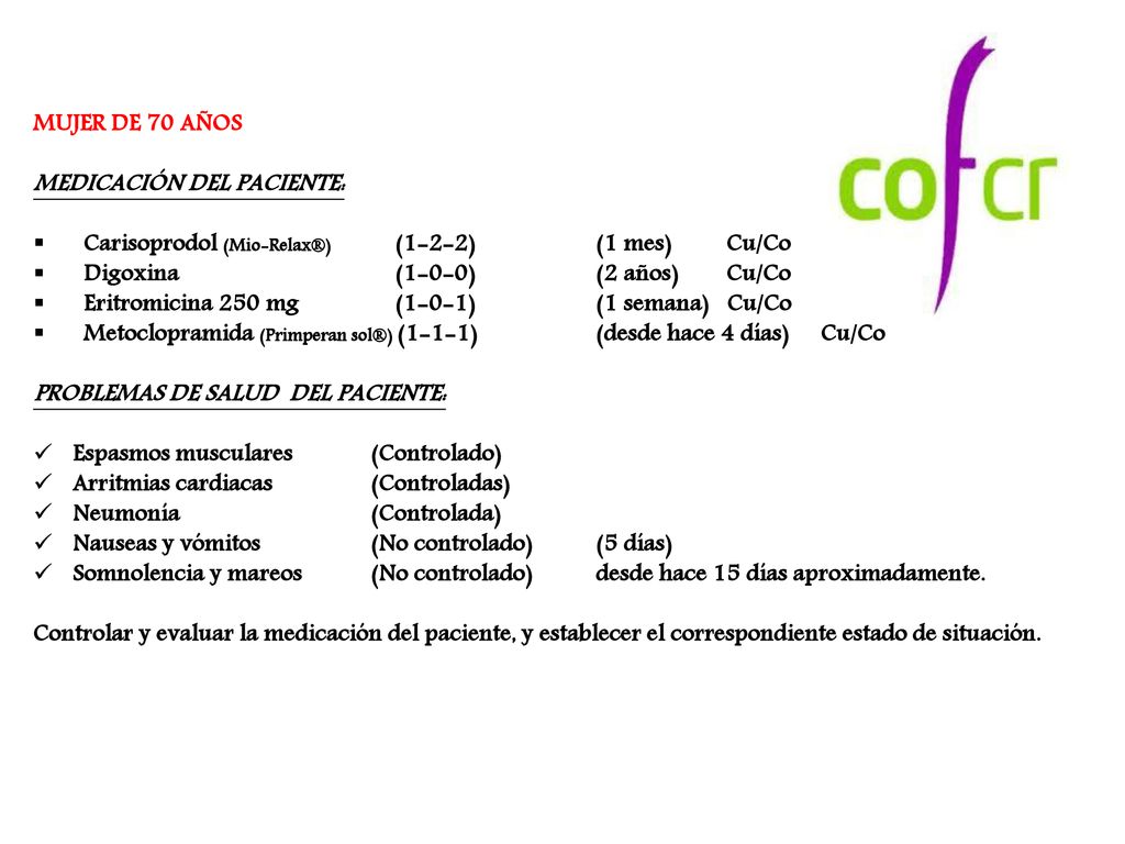 MUJER DE 70 AÑOS MEDICACIÓN DEL PACIENTE: Carisoprodol (Mio-Relax®) (1-2-2) (1 mes) Cu/Co.