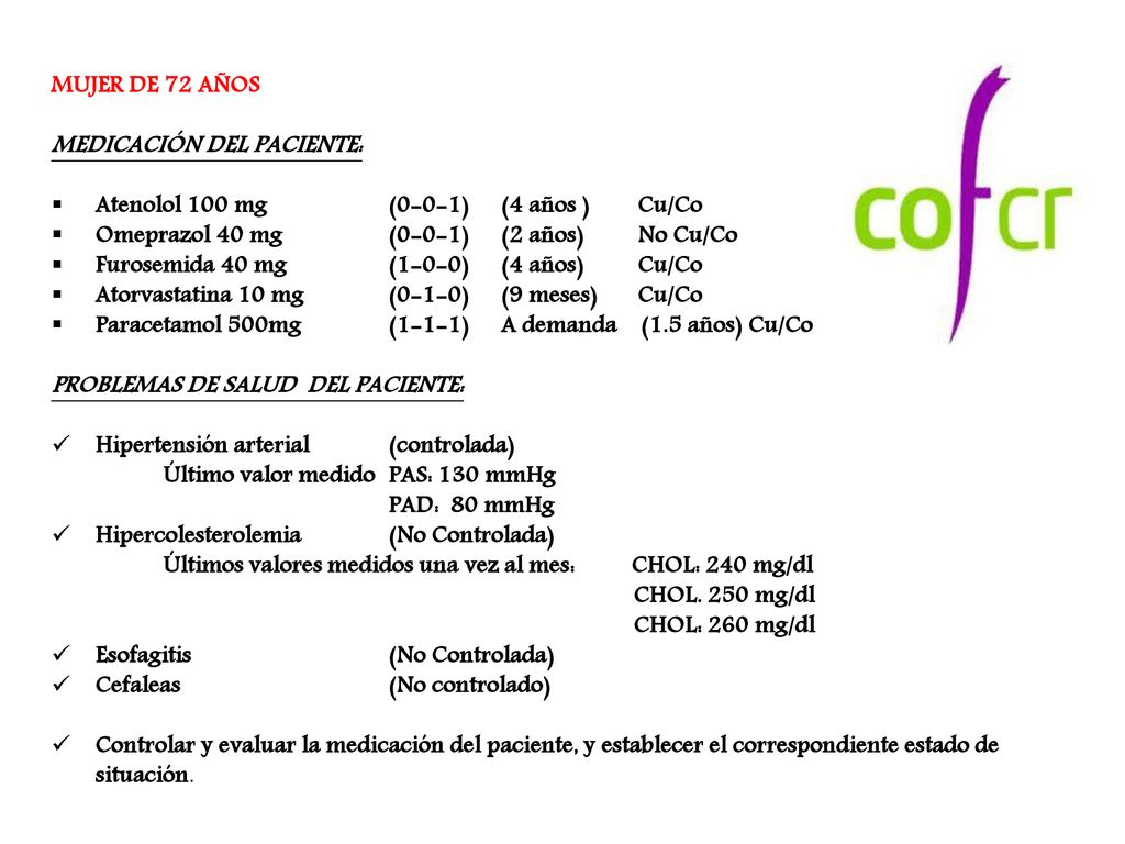 MUJER DE 72 AÑOS MEDICACIÓN DEL PACIENTE: Atenolol 100 mg (0-0-1) (4 años ) Cu/Co. Omeprazol 40 mg (0-0-1) (2 años) No Cu/Co.