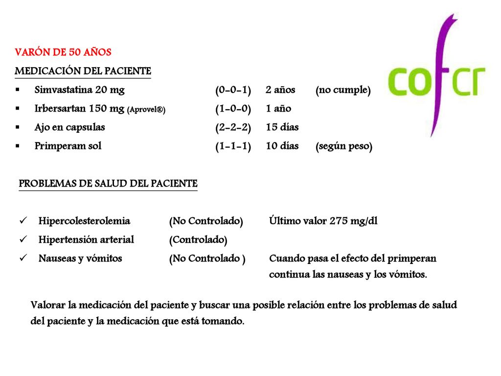 VARÓN DE 50 AÑOS MEDICACIÓN DEL PACIENTE. Simvastatina 20 mg (0-0-1) 2 años (no cumple) Irbersartan 150 mg (Aprovel®) (1-0-0) 1 año.