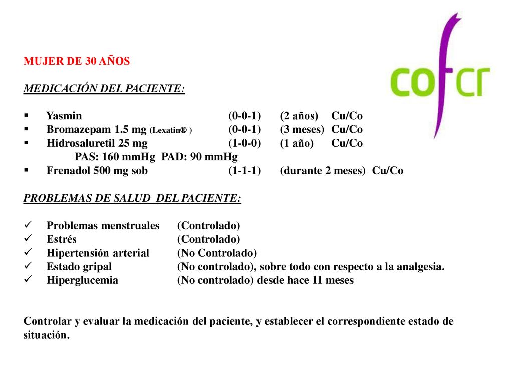 MUJER DE 30 AÑOS MEDICACIÓN DEL PACIENTE: Yasmin (0-0-1) (2 años) Cu/Co. Bromazepam 1.5 mg (Lexatin® ) (0-0-1) (3 meses) Cu/Co.