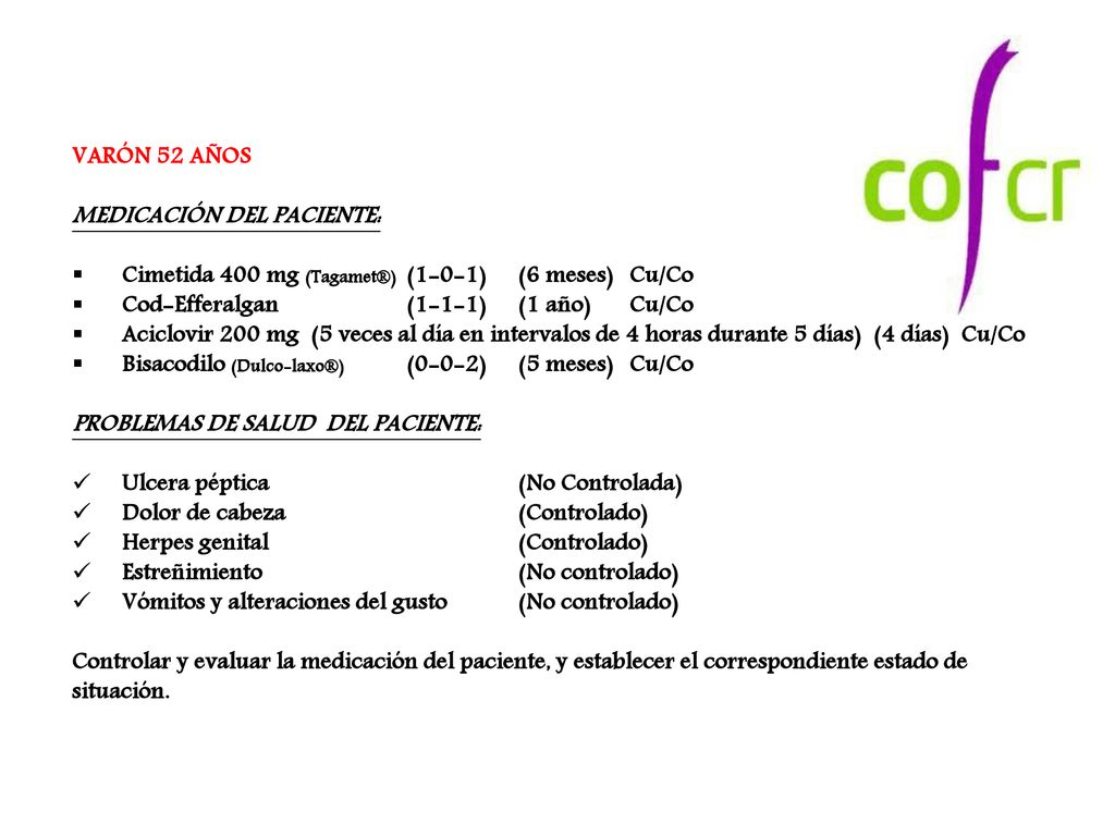 VARÓN 52 AÑOS MEDICACIÓN DEL PACIENTE: Cimetida 400 mg (Tagamet®) (1-0-1) (6 meses) Cu/Co. Cod-Efferalgan (1-1-1) (1 año) Cu/Co.