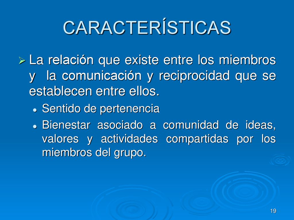 CARACTERÍSTICAS La relación que existe entre los miembros y la comunicación y reciprocidad que se establecen entre ellos.