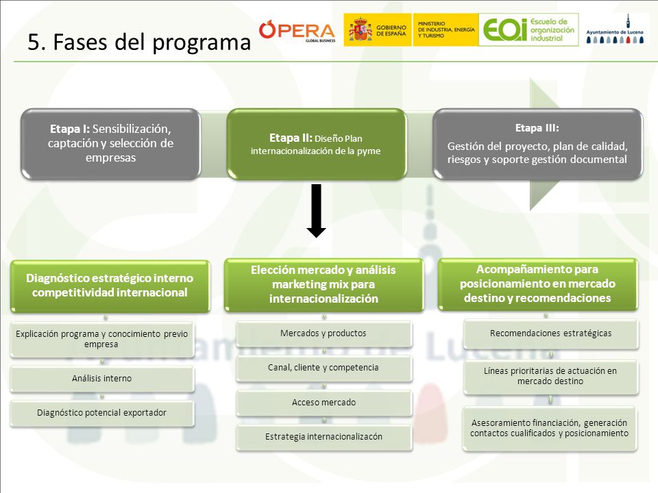 5. Fases del programa Etapa I: Sensibilización, captación y selección de empresas. Etapa II: Diseño Plan internacionalización de la pyme.