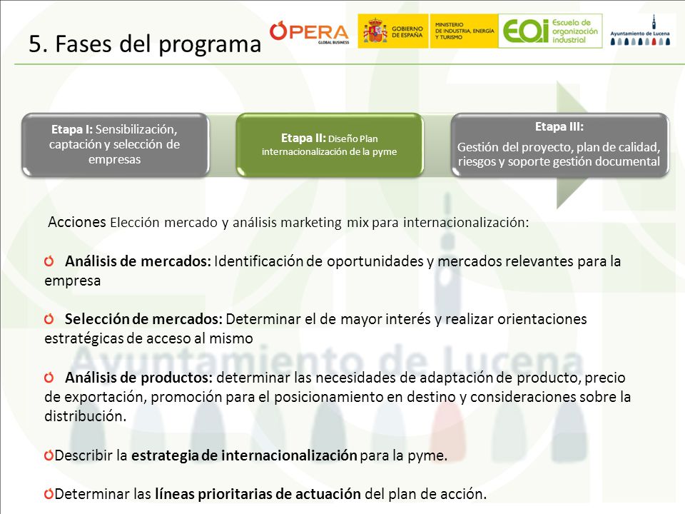 5. Fases del programa Etapa I: Sensibilización, captación y selección de empresas. Etapa II: Diseño Plan internacionalización de la pyme.