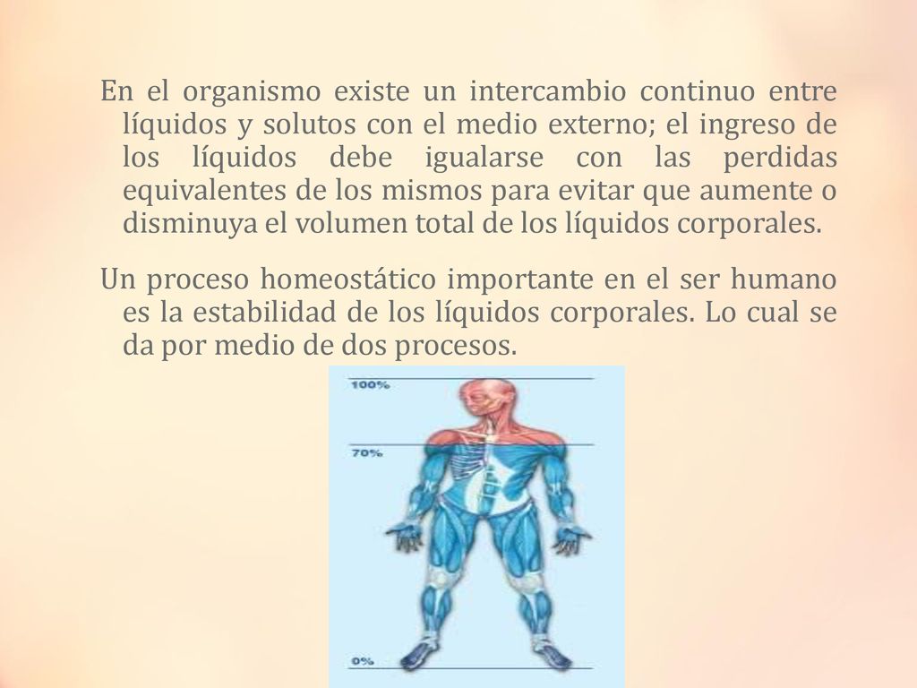 En el organismo existe un intercambio continuo entre líquidos y solutos con el medio externo; el ingreso de los líquidos debe igualarse con las perdidas equivalentes de los mismos para evitar que aumente o disminuya el volumen total de los líquidos corporales.