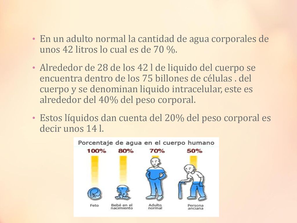 En un adulto normal la cantidad de agua corporales de unos 42 litros lo cual es de 70 %.