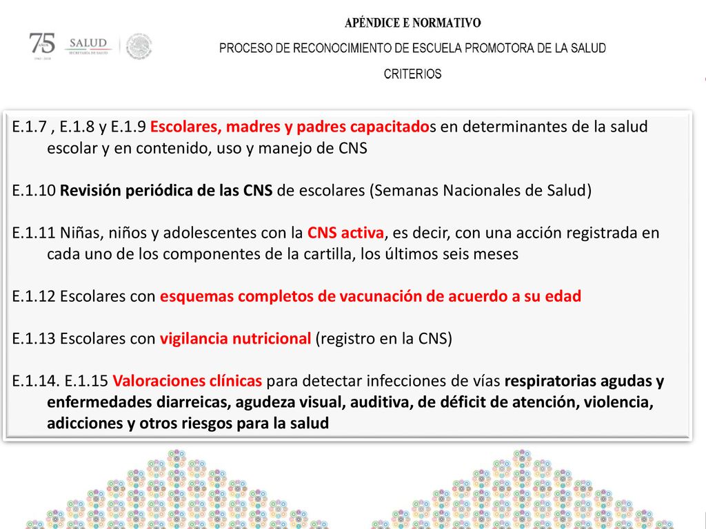 E.1.7 , E.1.8 y E.1.9 Escolares, madres y padres capacitados en determinantes de la salud escolar y en contenido, uso y manejo de CNS