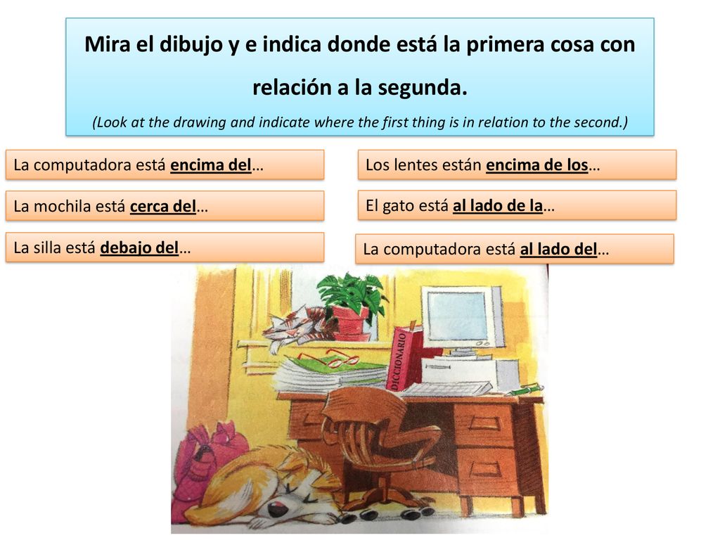 Mira el dibujo y e indica donde está la primera cosa con relación a la segunda. (Look at the drawing and indicate where the first thing is in relation to the second.)