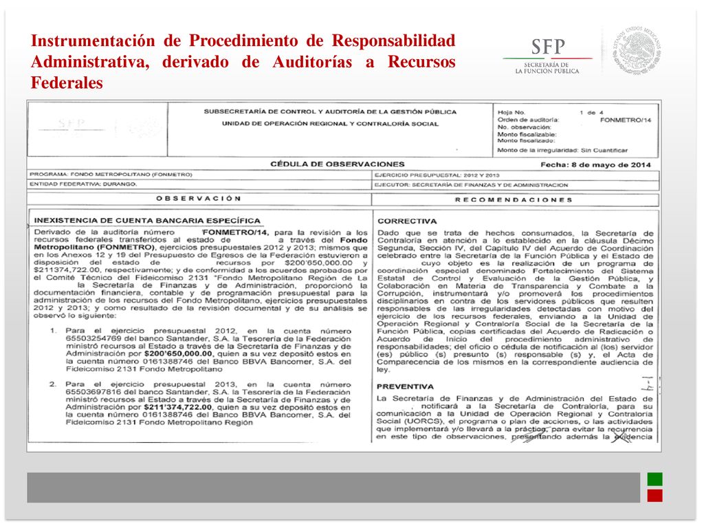 Instrumentación de Procedimiento de Responsabilidad Administrativa, derivado de Auditorías a Recursos Federales