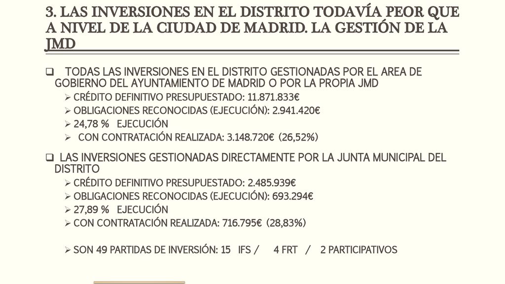 3. LAS INVERSIONES EN EL DISTRITO TODAVÍA PEOR QUE A NIVEL DE LA CIUDAD DE MADRID. LA GESTIÓN DE LA JMD