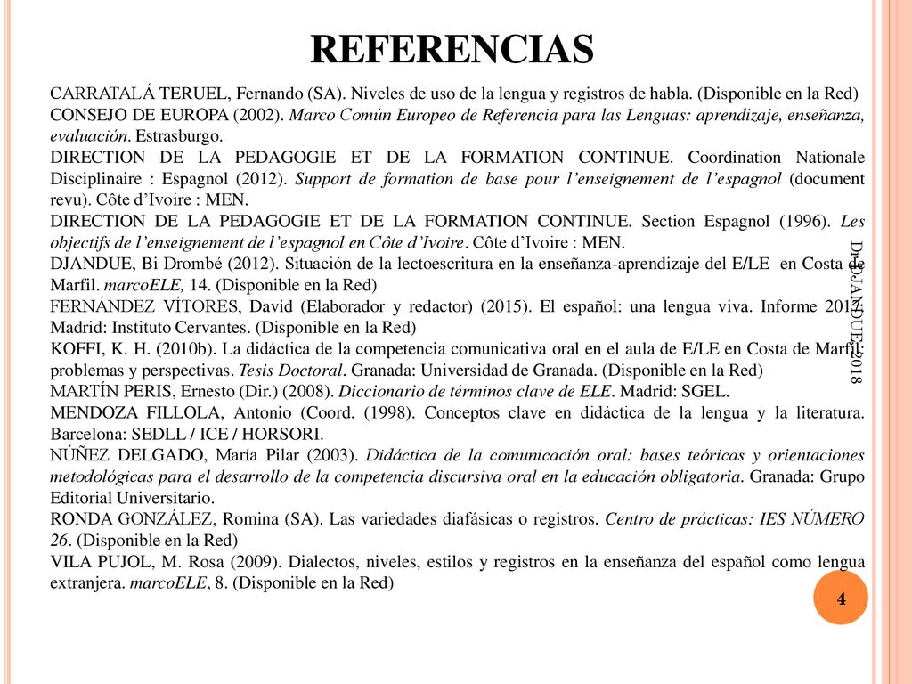 REFERENCIAS CARRATALÁ TERUEL, Fernando (SA). Niveles de uso de la lengua y registros de habla. (Disponible en la Red)