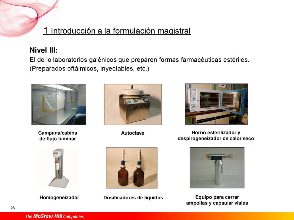 Nivel III: El de lo laboratorios galénicos que preparen formas farmacéuticas estériles. (Preparados oftálmicos, inyectables, etc.)