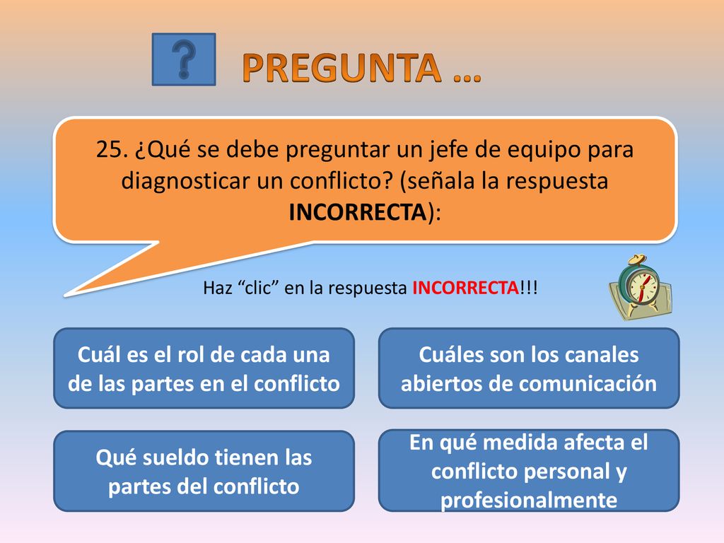 PREGUNTA … 25. ¿Qué se debe preguntar un jefe de equipo para diagnosticar un conflicto (señala la respuesta INCORRECTA):