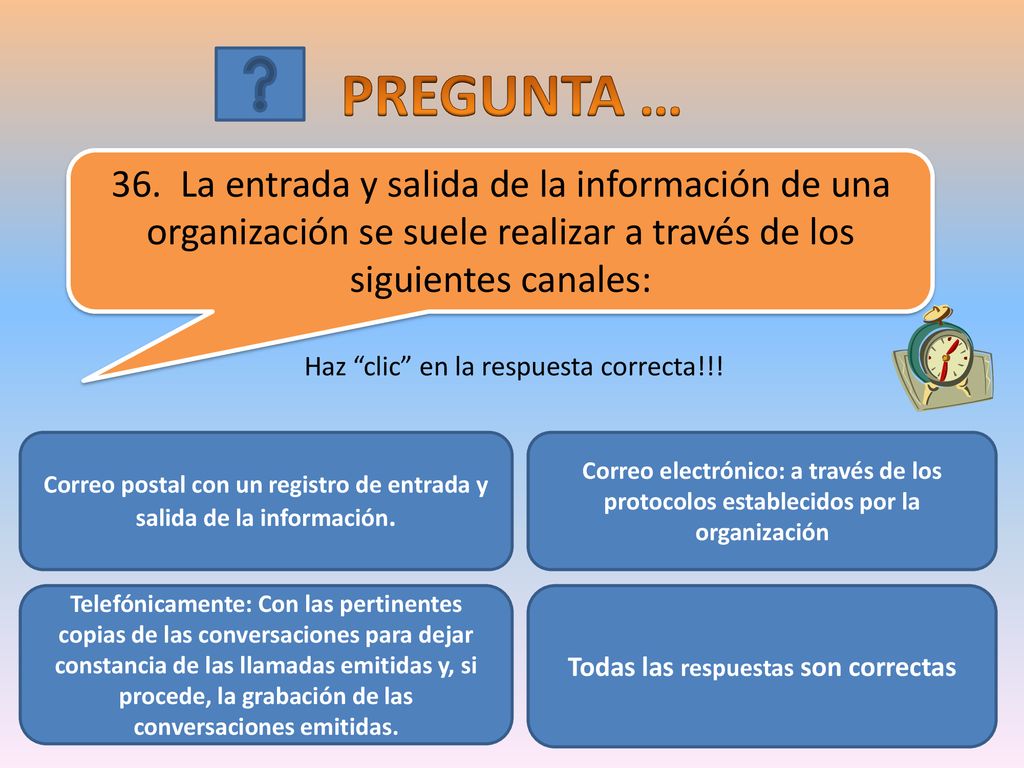 PREGUNTA … 36. La entrada y salida de la información de una organización se suele realizar a través de los siguientes canales: