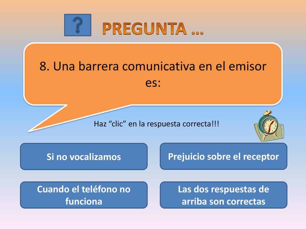 PREGUNTA … 8. Una barrera comunicativa en el emisor es: