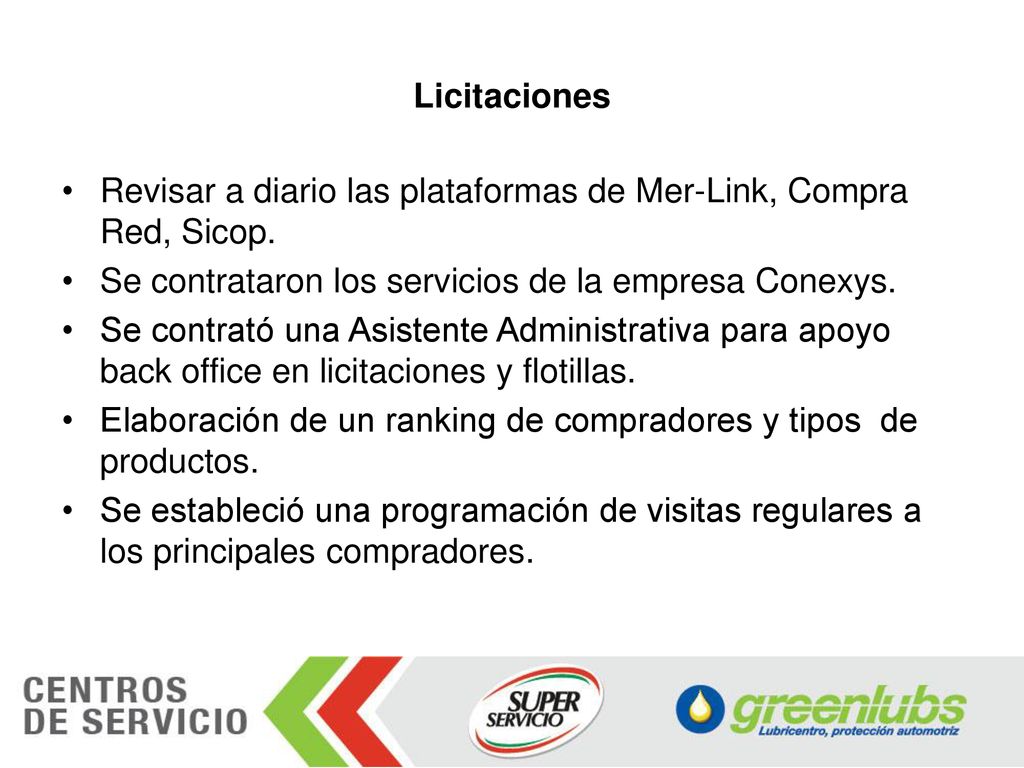 Licitaciones Revisar a diario las plataformas de Mer-Link, Compra Red, Sicop. Se contrataron los servicios de la empresa Conexys.