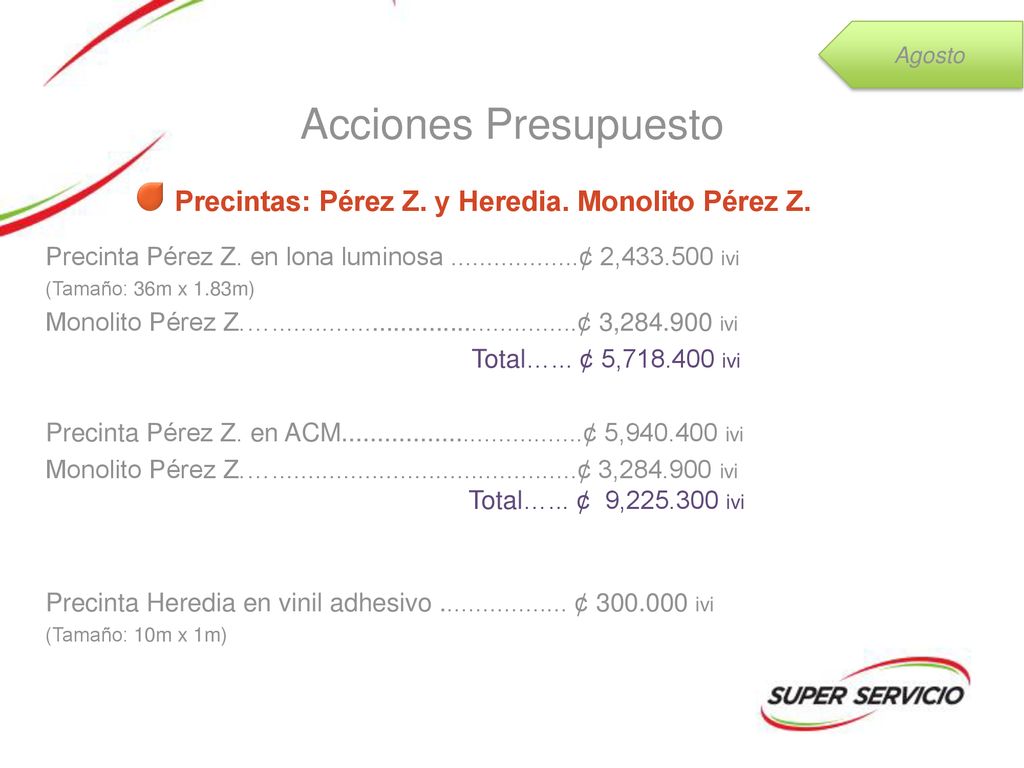 Acciones Presupuesto Precintas: Pérez Z. y Heredia. Monolito Pérez Z.