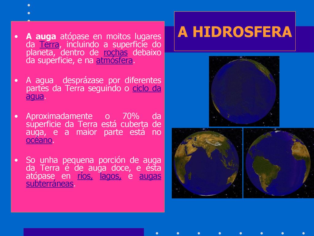 A HIDROSFERA A auga atópase en moitos lugares da Terra, incluindo a superficie do planeta, dentro de rochas debaixo da superficie, e na atmósfera.