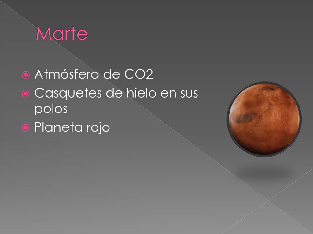 Marte Atmósfera de CO2 Casquetes de hielo en sus polos Planeta rojo