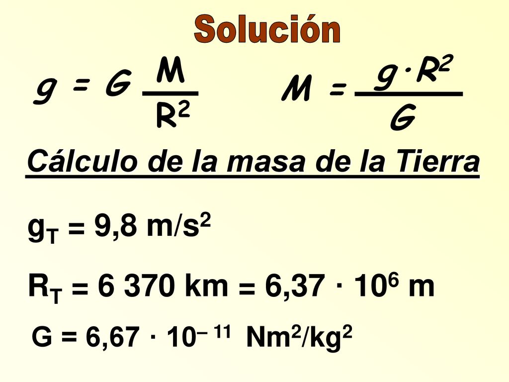 g = G M R2 M = g·R2 G Cálculo de la masa de la Tierra gT = 9,8 m/s2