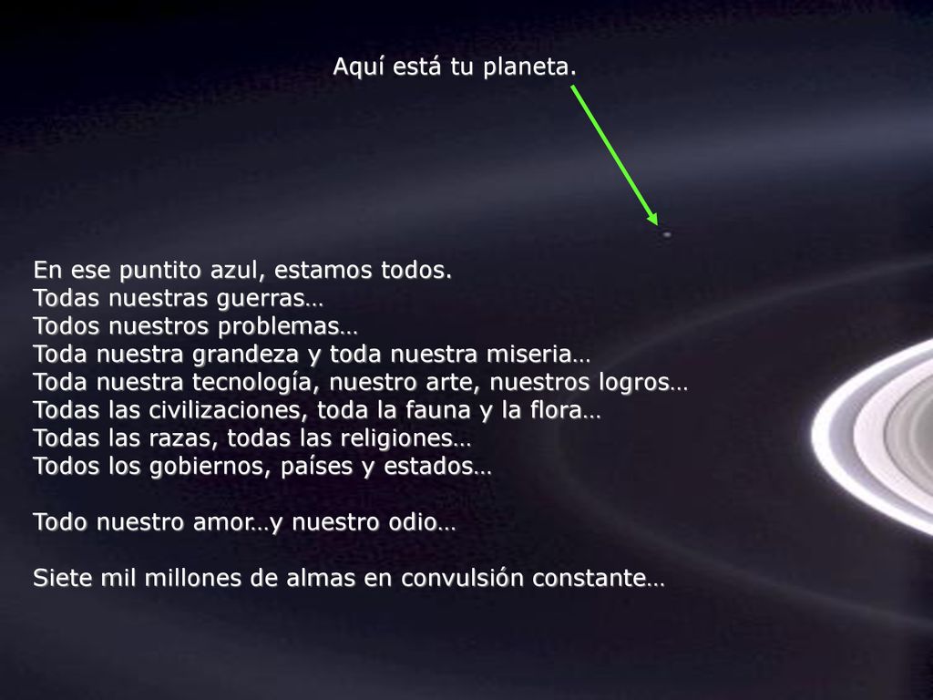 Aquí está tu planeta. En ese puntito azul, estamos todos. Todas nuestras guerras… Todos nuestros problemas…