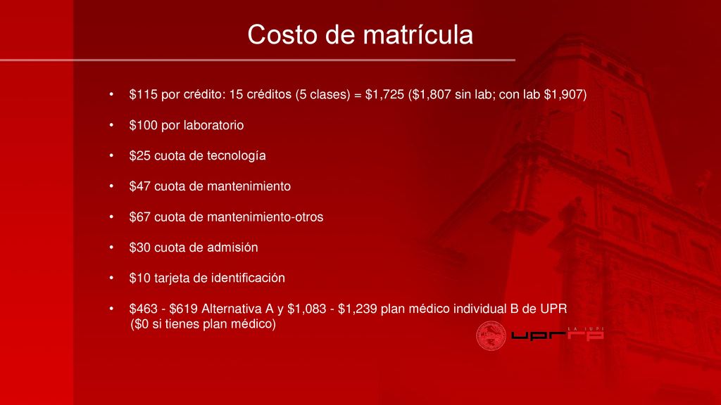 Costo de matrícula $115 por crédito: 15 créditos (5 clases) = $1,725 ($1,807 sin lab; con lab $1,907)