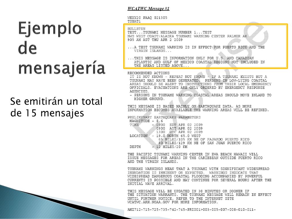Ejemplo de mensajería Se emitirán un total de 15 mensajes