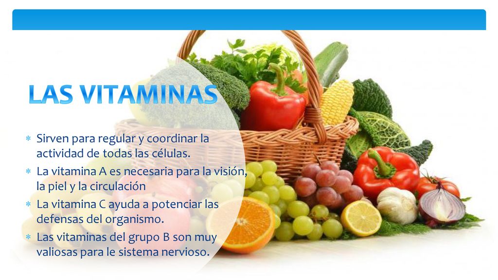 LAS VITAMINAS Sirven para regular y coordinar la actividad de todas las células. La vitamina A es necesaria para la visión, la piel y la circulación.